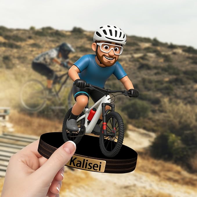 Custom Bicycle Cycling Biker Photo Cartoon Style Desk Decor with Wooden Base, Personalzied Cycling Biker Lover Cartoon Picture Portrait Sculpture Frame Acrylic Sign Plaque Gifts for Women Men - Bloomnest