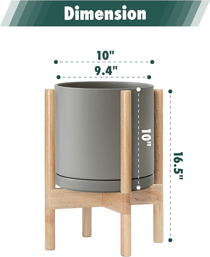 D'vine Dev Ceramic Planter with Natural Stand - 10 Inch Modern Round Flower Pot with Wood Planter Holder, Grey, 55-B-K-3 - Bloomnest