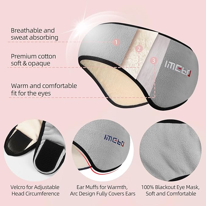 Sleep Mask with Adjustable Heads, Earmuffs for Sleep, Ear Warmers for Men & Women, 2 in 1 Ear Mask and Eye Cover, Comfortable & Soft for Side Sleepers (Grey) - Bloomnest