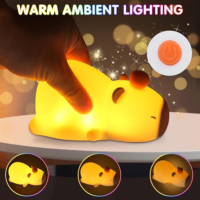 Night Light for Kids, 7 Color Changing BPA-Free Silicone Lamp with Touch Control, Eye Protection, Rechargeable Battery, Soft & Safe Nursery Lamp for Boys & Girls (Sleeping Capybara) - Bloomnest