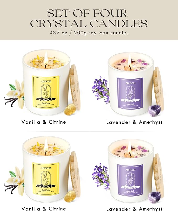 AOOVOO Lavender Candles Set for Women - 4 Pack Candles for Home Scented, 28 oz 200 Hour Long Lasting Aromatherapy Candle with Crystals Inside, Birthday Gifts Christmas Candle for Women Mom - Bloomnest