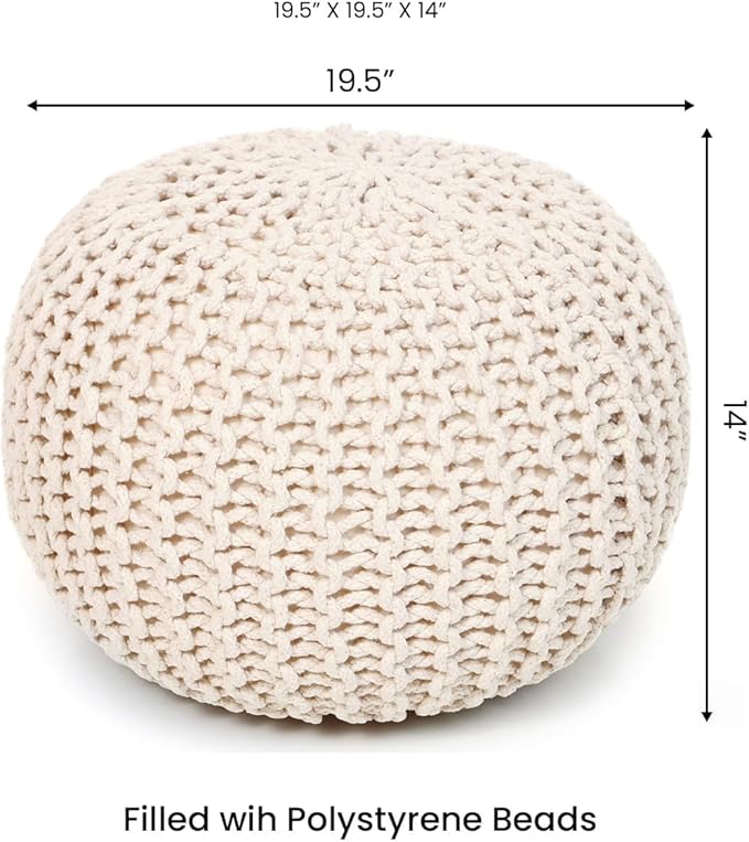 REDEARTH Round Pouf Ottoman - Cable Knitted Boho Poof - Home Décor Cord Pouffe Handmade Circular Footrest for Living Room - Bedroom - Kids Bedroom - 100% Cotton Pouf (19.5"x19.5"x14") - Natural - Bloomnest