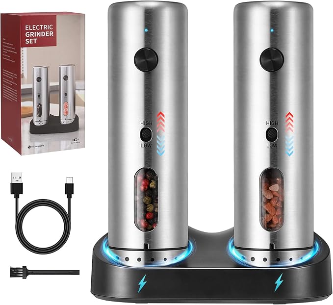 Electric Salt Grinder Set with Rechargeable Base Stainless Steel Grinders with Variable Grinding Speed, External Adjustable Coarseness and White LED Light, Silver - Bloomnest
