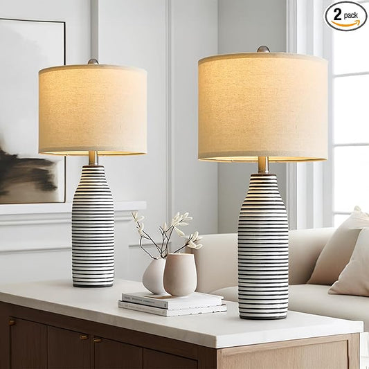 25" Ceramic Table Lamps Set of 2 Beside Lamps for Living Room Modern Bedroom Lamps for Night Stands with Rotary Switch Black and White Stripes - Bloomnest