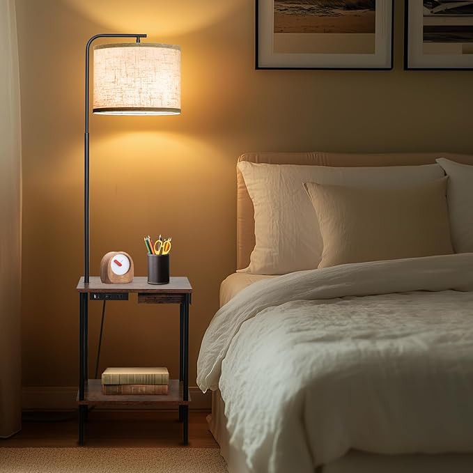 Floor Lamp with Table & Drawers, End Table Lamp with USB Charging Portt Power Outlet and Shelves, Side Table Reading Light with 3 Color Temperature Led Bulb Included for Living Room, Yellow - Bloomnest