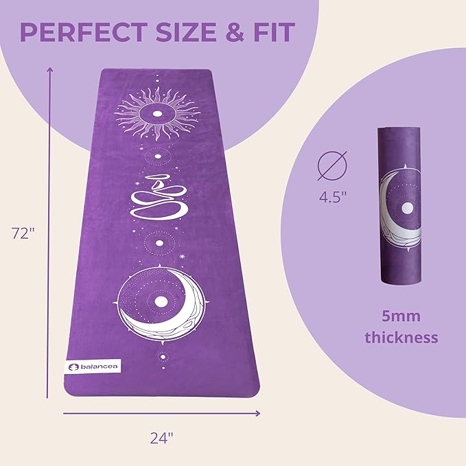 Yoga Mat With Strap 5mm Non Slip Suede & TPE - Beige Eco-Friendly Fitness & Exercise Mat for Home Gym, Pilates, Hot Yoga, and Meditation - Lightweight Durable 72 x 24 inch Workout Mat for Women, Men