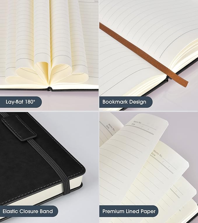 Lined Journal Notebook for Women Men,256 Pages A5 Hardcover Leather Journals for Writing,Travel,Business,Work & School,College Ruled Notebooks for Note Taking,Diary Notepad 5.7"×8.3"(Black) - Bloomnest