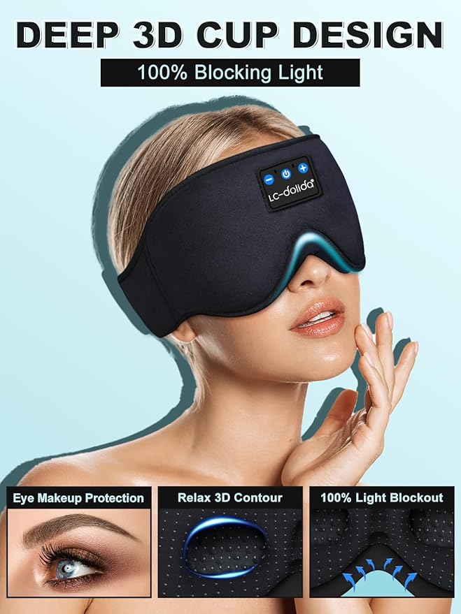 LC-dolida Sleep Headphones, 3D Sleep Mask Bluetooth Wireless Music Eye Mask, Sleeping Headphones for Side Sleepers Sleep Mask with Bluetooth Headphones Ultra-Thin Stereo Speakers Perfect for Sleeping - Bloomnest