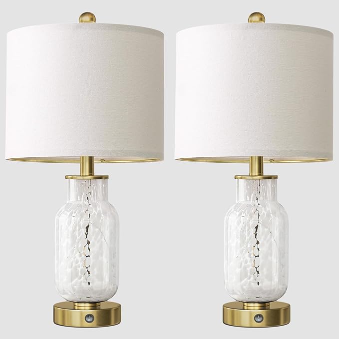Oneach 22" Glass Table Lamps Set of 2, White Modern Bedside Lamp with LED Night Light for Living Room, Nightstand Lamp with USB Ports for Bedrooms, Study Room, End Table(2 Bulbs Included) - Bloomnest