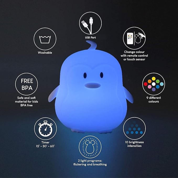 Penguin Night Light for Kids Silicone Sleep NightLights, 9 Colors Baby Light Bedside Lamp Bed Room Children Decorative Lamps for Toddlers/Boys/Girls/Adults/Bedroom/Bathroom/Outdoor - Medium - Bloomnest