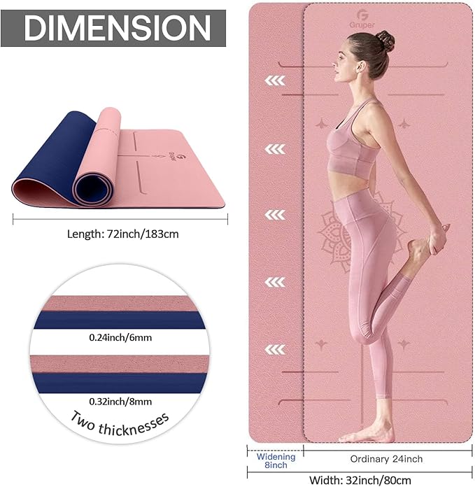 Yoga Mat Non Slip TPE Extra Wide Yoga Mat with Alignment Mark, 72"L x 32"W x 0.32"/0.24"Th (183cm x 80cm x 8mm/6mm), Anti-Tear Exercise Mat with Carrying Strap and Bag, Workout Mats for Yoga, Pilates - Bloomnest