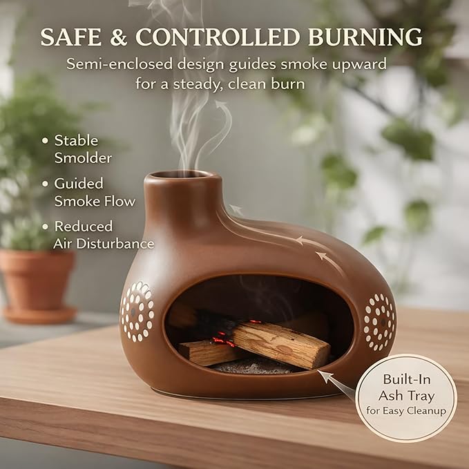 Palo Santo Holder, Chimney Palo Santo Burner, Ceramic Incense Holder with Ash Catcher for Yoga, Meditation, Home Fragrance & Cleansing, Burning Palo Santo Sticks, Cone Incense, Resin, Sage Phymorse