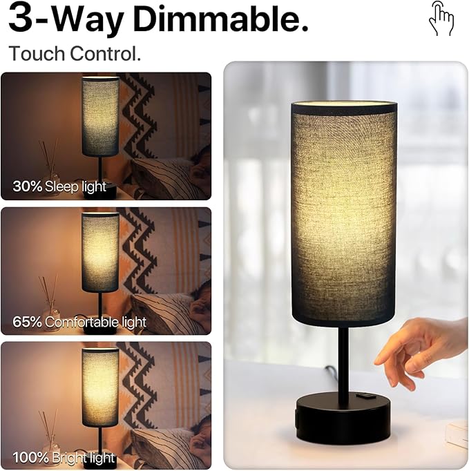 KPQ Small Bedside Lamp Touch Control Table Lamp with USB A+C Charging Ports & AC Outlet 3-Way Dimmable Nightstand Lamp with Linen Fabric Shade for Bedroom Living Room - Bloomnest