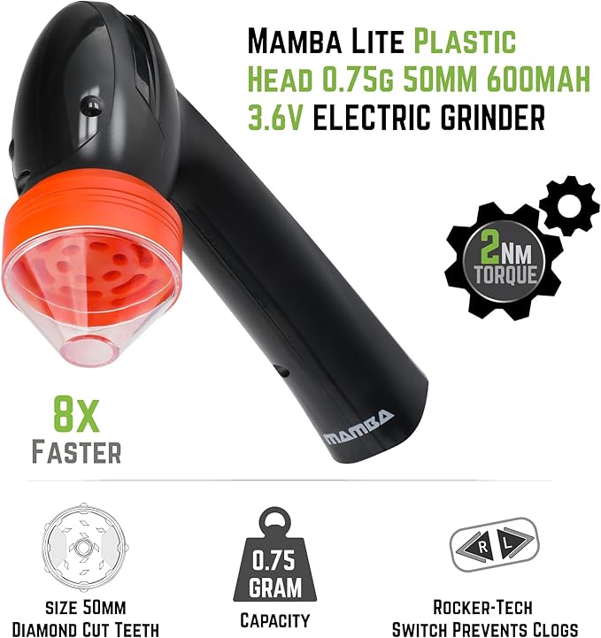 Mamba Lite 0.75g Orange All Plastic Head USB Electric Herb Grinder. Small Portable Herbal Machine & Spice Mill for the Kitchen - Bloomnest