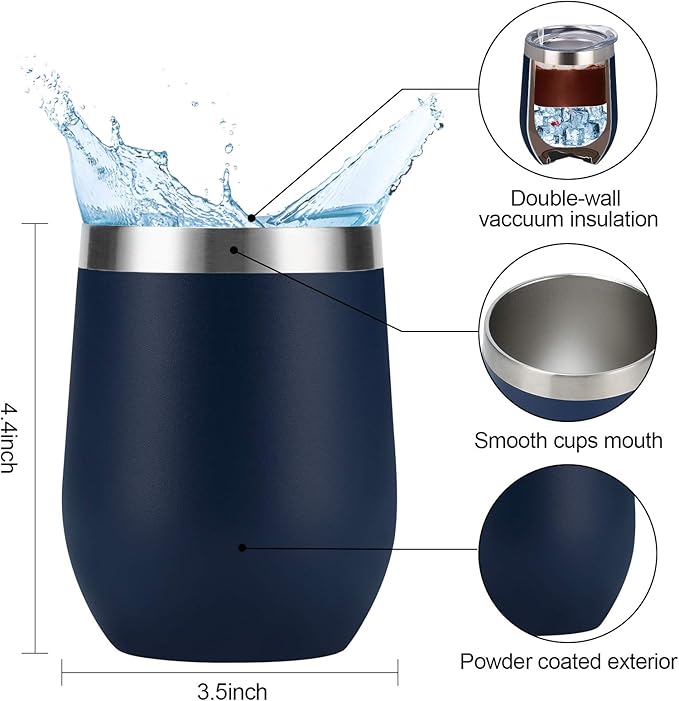 Lifecapido 4 Pack 12Oz Stainless Steel Stemless Wine Glasses, Insulated Wine Tumbler, Stainless Steel Wine Tumbler Cups with Lids and Straws for Coffee, Cocktails, Wine, Champaign, Navy Blue - Bloomnest