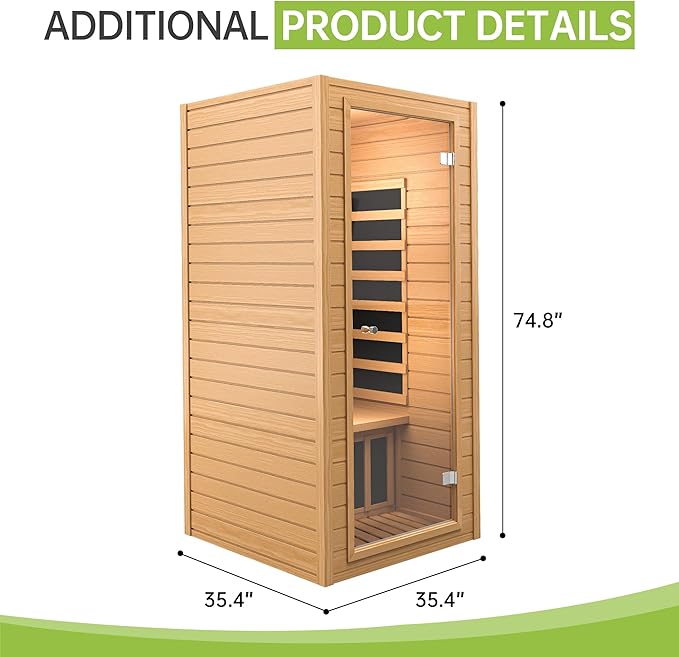 Real Relax 1 Person Infrared Sauna, Indoor Near Zero EMF Canadian Hemlock Wood Sauna with 1400W, 9 Chromo Therapy Lights, Oxygen Lonizer, Bluetooth, LCD Control Pannel for Home Spa Days RealRelax