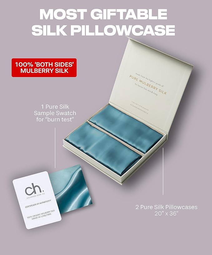 Colorado Home Co 22 Momme Real Silk Pillowcase, Mineral Blue, 2 Pack King Pillowcase, 20" x 36" - Bloomnest