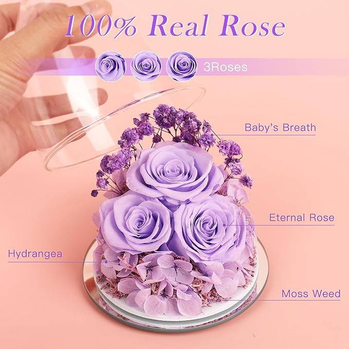 Valentines Day Gifts for Women Preserved Flower Rose, Forever Eternal Flowers in Glass Angel Figurines Real Purple Roses for Delivery Prime for Grandma Mom Sister Her Wife for Mothers Day Birthday - Bloomnest
