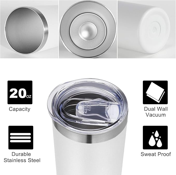 VEGOND Stainless Steel Skinny Tumbler, 20 oz Vacuum Insulated Tumbler with Lid and Straw, Double Wall Coffee Cup, Travel Mug for Cold Hot Drinks, White 1 Pack - Bloomnest