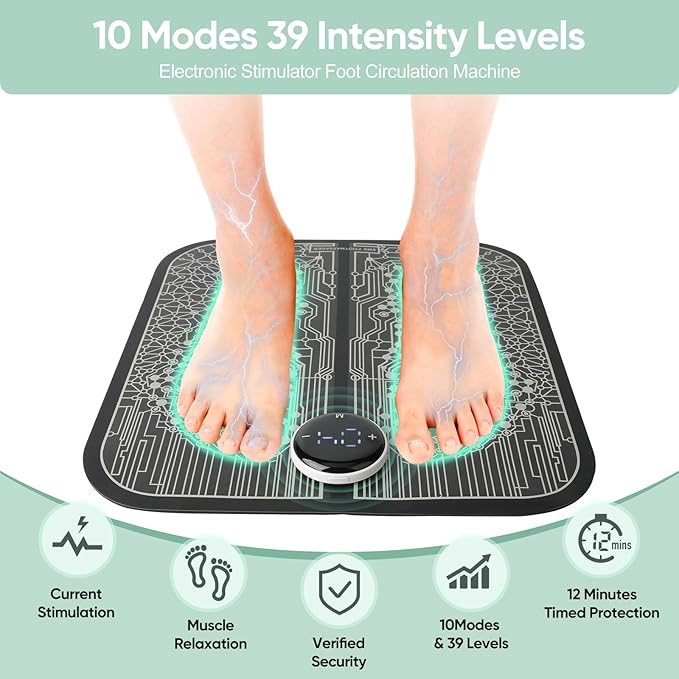 EMS Foot Massager for Neuropathy, Sport Muscle Stimulator for Circulation, Pain Relief, Foldable Feet Mat and Legs Massager Pad, 10 Modes and 39 Intensity Levels for Muscle Relaxation - Bloomnest