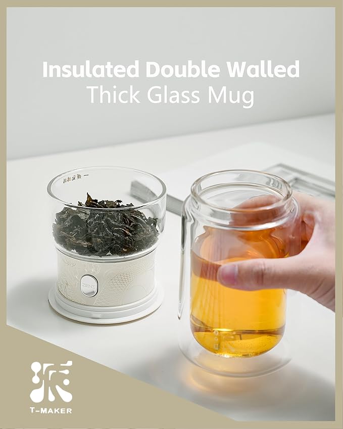 ZENS Cool Glass Teapot with Infuser, Smart One Touch Tea Maker for Loose Tea Diffusers with Insulated Mug and Portable Tea Kits, Enchanted Teapot Alternatives for Tea Lover Gifts