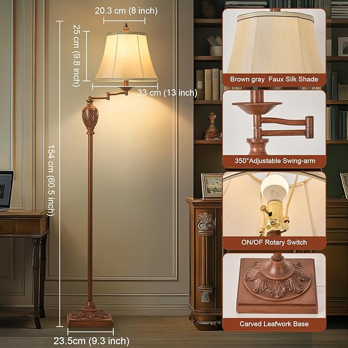 Traditional LED Floor Lamp with 350° Adjustable Swing Arm Lamp – Vintage Standing Pole lamp for Living Room, Bedroom and Office – Rustic Upright Floor Light for Home Décor with Faux Silk Fabric Shade - Bloomnest
