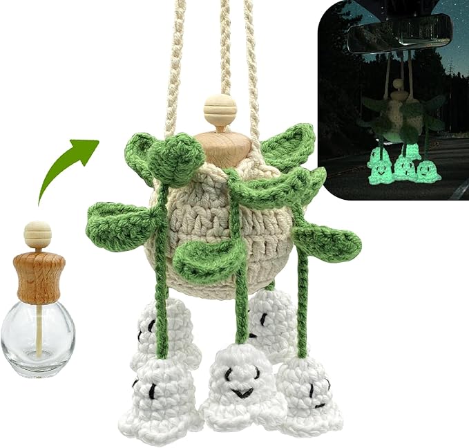 Crochet Glowing Ghost Car Air Freshener, Halloween Car Decor, 15ml Refillable Oil Diffuser Bottle with Hanging Crochet Decor for Car Rearview Mirror, Handmade Halloween Gifts - Bloomnest