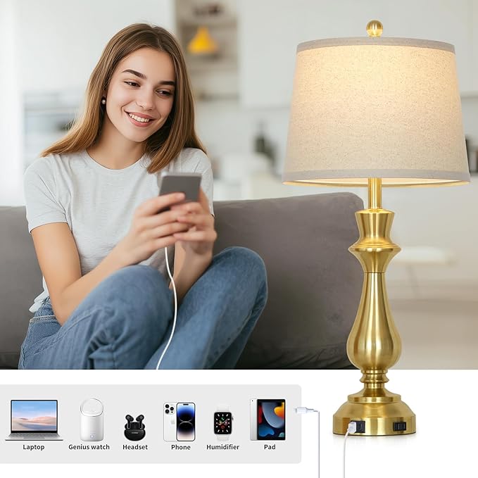 Modern Gold Table Lamps Set of 2 for Living Room,30" Tall Bedside Lamp with USB Charging Port,3-Way Dimmable Touch Nightstand Lamp for Bedroom Desk Side Table Office,Gold - Bloomnest