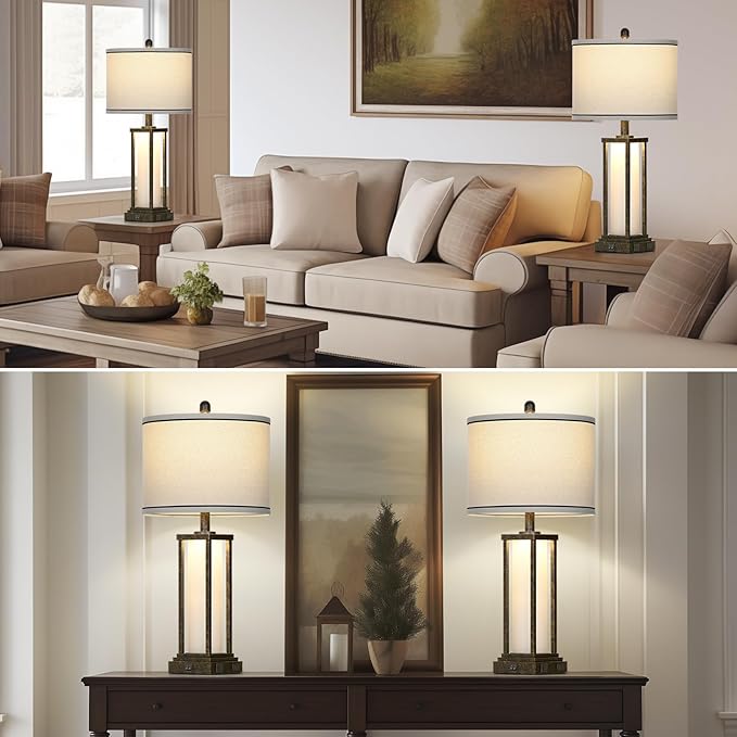 27" Tall Vintage Table Lamp Set of 2 with USB C+A & Outlet,Bronze Industrial End Table Lamp for Living Room,Farmhouse Rustic Bedside Lamps with Frosted Glass Night Light for Bedroom Nightstand,Bronze - Bloomnest