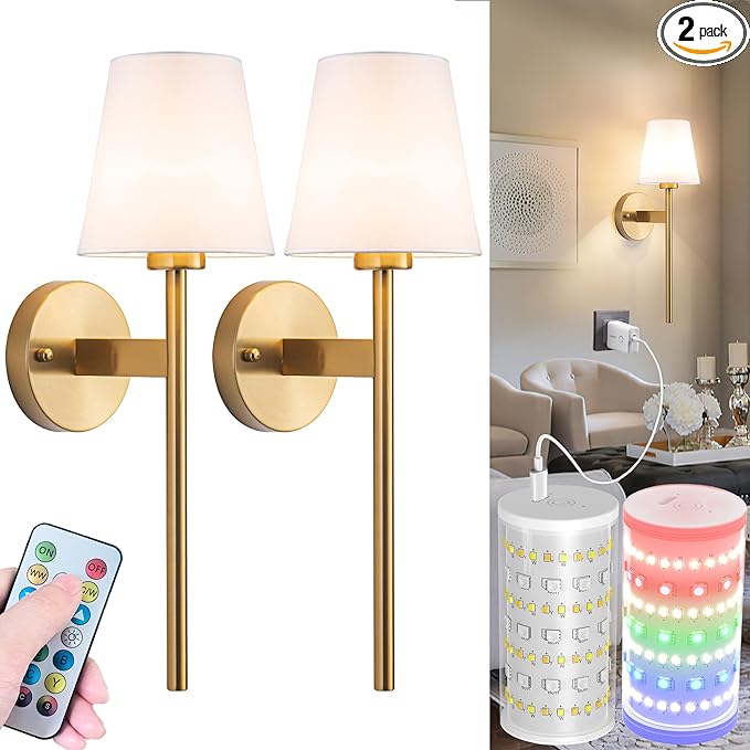 Battery Operated Wall Sconces Set Of 2, Wireless Battery Wall Light With 10000mAh RGB Rechargeable Magnetic Bulb, Rechargeable Wall Sconce With Remote Control For Bedroom, No Electrician Required - Bloomnest