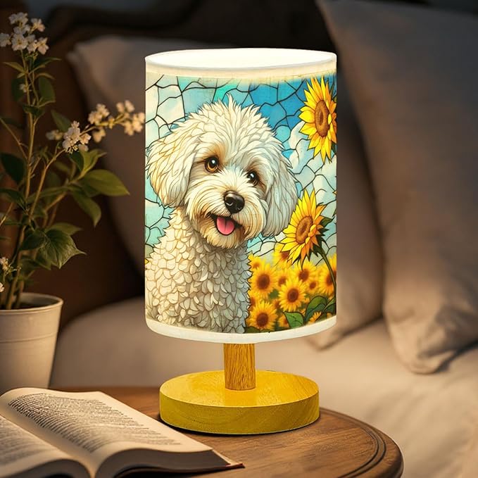 Bichon Frise Table Lamp LED 3-Color Pressed Bedside, Dog Shade Lamp with Wood Base for Bedroom Living Room Desk Office - Bloomnest