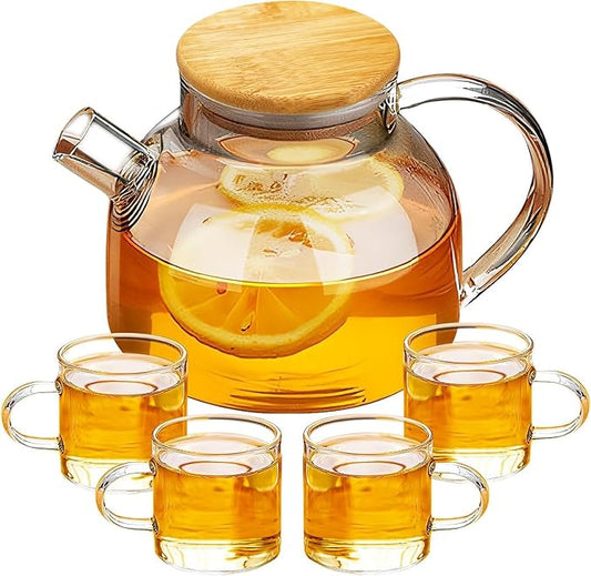 Glass Teapot Set of 5 with Bamboo Lid, 4 Teacups, 18.6OZ. Thick Durable Borosilicate Glass for Cold Brewing, Hot Tea - Bloomnest