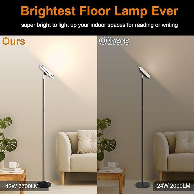 UFO Floor Lamp 71in, Upgraded 42W 3700LM LED Torchiere Floor Lamps for Living Room, Modern Tall Bright Standing Light with Remote, Dimmable Sky Light,1/2/3H Timer for Bedroom,Office(Black) - Bloomnest