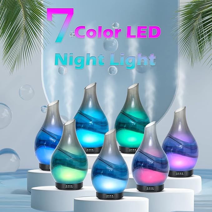 MAXWINER Essential Oil Diffusers Handmade Art Glass Ultrasonic Aromatherapy Diffusers with 7 Colors Lights Changing, Waterless Auto Shut-Off, Time Setting for Home, Office, Room 120ml - Bloomnest