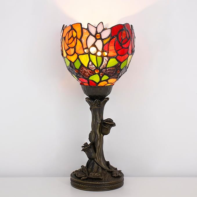 Small Tiffany Lamp Mini Stained Glass Table Lamp Red Rose Accent Desk Uplight W6H 13.5 Inch Bronze Resin Base - Bloomnest