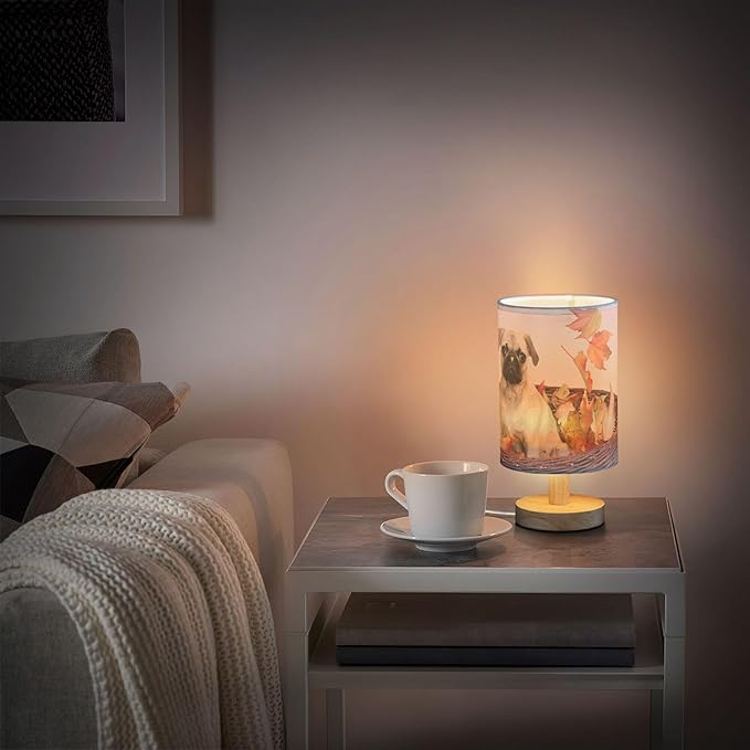 Table Lamp Pug Puppy Autumn Maple Leaf Nightstand Lamp with Wood Base Fabric Lamp Shade Bedside Desk Lamp for Living Room Bedroom Kids Room Office - Bloomnest