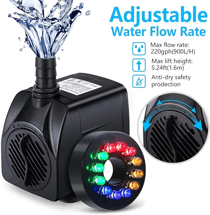 Fountain Pump with LED Lights, 220GPH(15W 900L/H) Submersible Water Pump, Durable Outdoor Fountain Water Pump with 6.5ft Tubing (ID x 1/3-Inch), 3 Nozzles for Aquarium, Pond, Fish Tank - Bloomnest