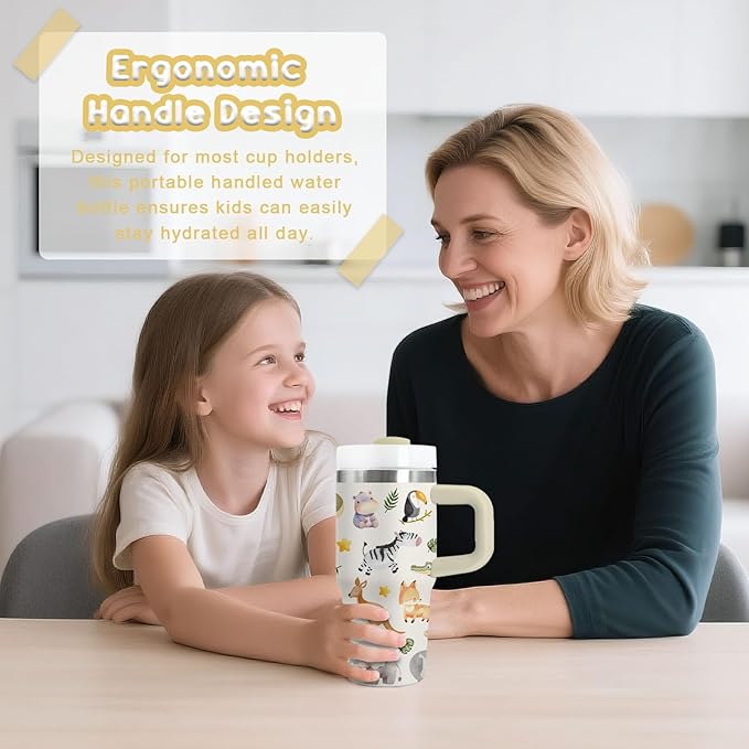 Animal Lover Gifts for Kids - 14 Oz Cute Cartoon Tumbler with Handle and Straw, Stainless Steel Insulated Tumbler, Sweatproof, for Sports, School, Travel - Boys Girls Children Birthday Gifts Cups(1pc) - Bloomnest