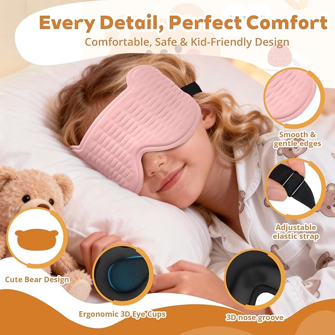 3D Kids Sleep Mask – Cute Bear Eye Mask for Sleeping, Comfortable Memory Foam Sleep Mask for Kids, Adjustable Strap and Lightweight Sleeping Mask for Boys Girls Teens Ages 5-15 (Pink) - Bloomnest