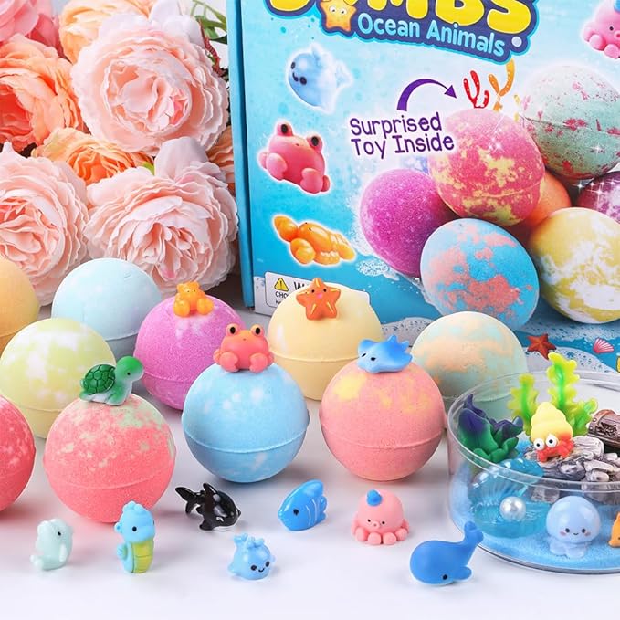 12Pack Ocean Animals Bath Bombs for Kids with Toys Surprised Inside, Organic Natural Bubble Bath Fizzy More Decorations for DIY Fish Tank Birthday Ideal Set for Girls Boys Toddlers - Bloomnest