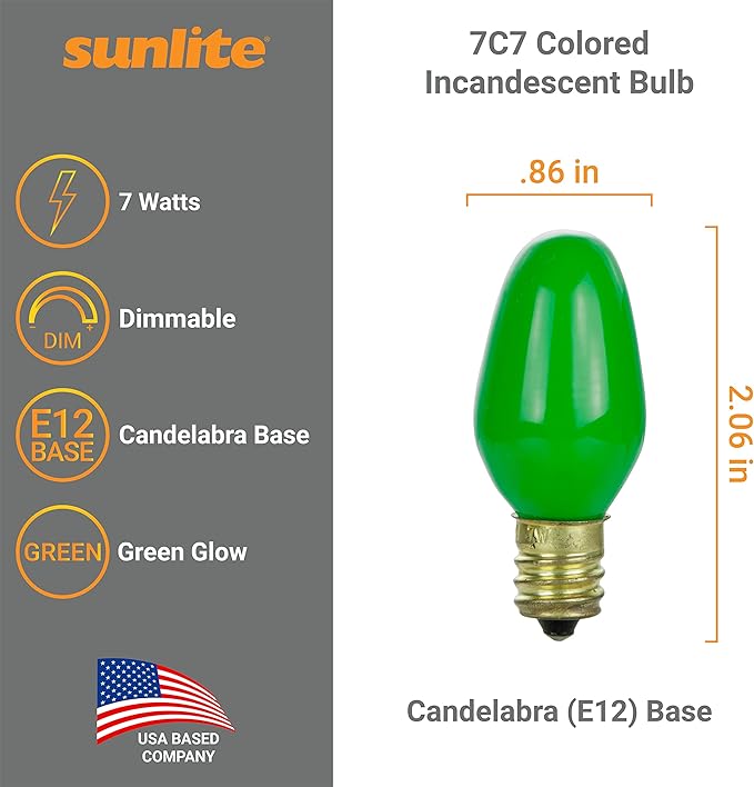 Sunlite 01260 7C7 Incandescent Bulb, 7 Watt, Candelabra E12 Base, C7 Small Night Light, Colored Bulb, Green, 25 Count - Bloomnest