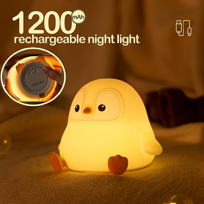 Penguin Cute Night Light for Kids, Squishy Rechargeable Penguin Gifts Lamp, Food Grade Silicone Dimmable Touch Nightlight, Boy Girl Light Up Gray Penguins, Baby Nursery Room Animal Décor - Bloomnest
