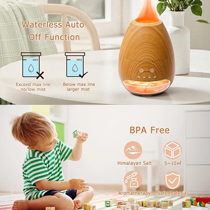 Ultrasonic Essential Oil Diffuser with Himalayan Salt Rock,Flame Diffuser with 2 Color Light,Small Aromatherapy Oil Diffuser with Auto Off Function for Home, Office,Spa,100ML,Wooden Grain - Bloomnest
