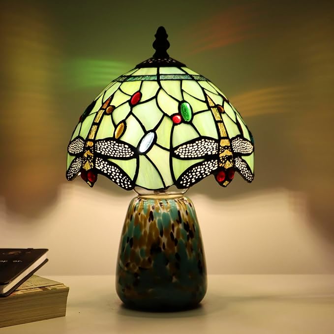 Tiffany Mushroom Table Lamp Dragonfly Style Grass Green Stained Glass Accent Lamp Brown Blue Glass Base 8X8X12 Inch - Bloomnest