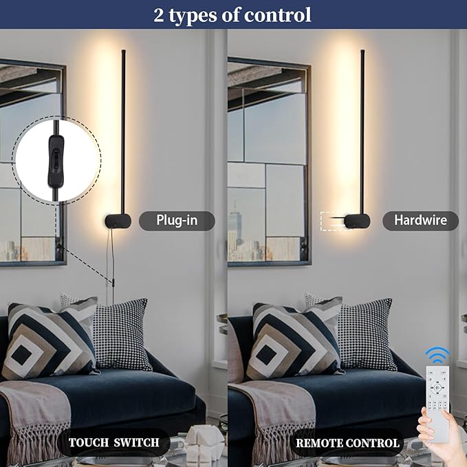 Dimmable Plug in Wall Sconce Set of 2, Black 23.6" LED Wall Light with Remote, Adjustable Color Temperature Brightness Wall lamp with Timer for Living Room,Bedroom and Accent Lighting - Bloomnest