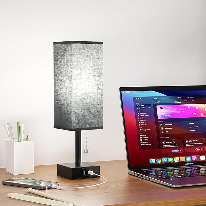 Black Small Table Lamp for Bedroom - 3 Color Temperature 3000K 5000K 4000K Bedside Lamp, Pull Chain Control, USB A and C Charging Ports, Black Base, for Kids Office Dorm Nightstand, Bulb Included - Bloomnest