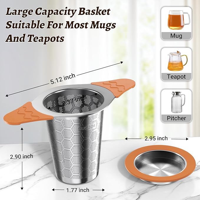 Tea Infuser for Loose Leaf Tea,18/8 Stainless Steel Tea Infuser with Heat Proof Silicone Handles,Extra Fine Mesh Tea Strainers Filter Fine Tea Leaves Effectively,Fits TeaPots/Mugs-Orange - Bloomnest