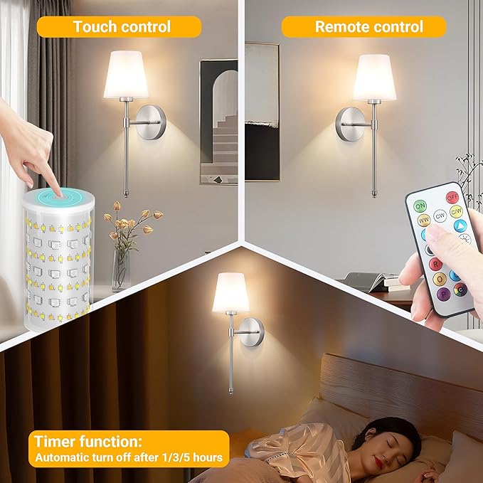 Battery Operated Wall Sconce: Peel and Stick Adhesives Stick On Non Drill Wall Light, Rechargeable Wireless Wall Lamp with Battery Corn Bulb for Bedroom Wall Decor (Nickel,20inch) - Bloomnest