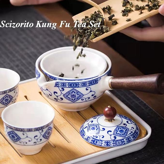 Ceramic Portable Travel Tea Set, Chinese Kungfu Tea Set with 360 Rotation Teapot and Infuser, 4 Tea Cups, Tea Tray And Travel Bag (Pattern White)