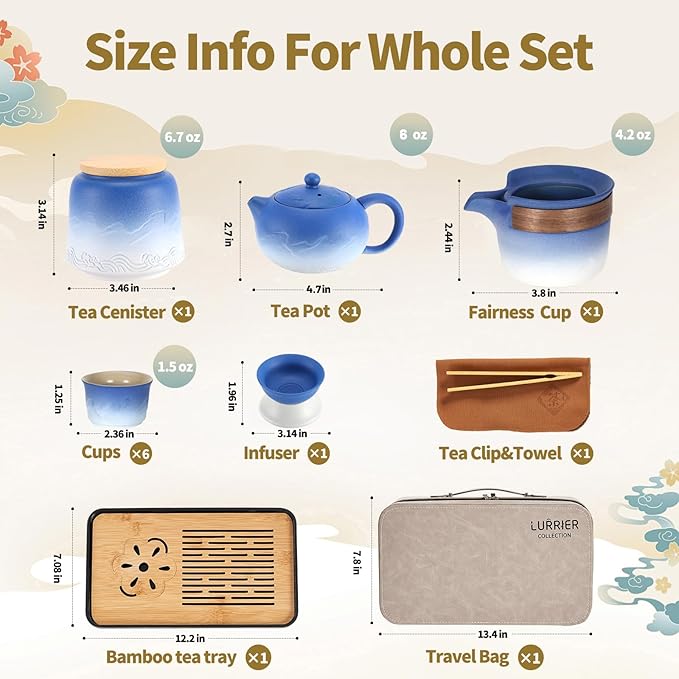 LURRIER Gongfu tea sets, Portable Ceramic TeaSet, Asian Tea sets for adult, Tea Gift sets, Grey leather case, Portable Travel Bag,Home,Gifting,Outdoor and Office(XBlue and White) - Bloomnest